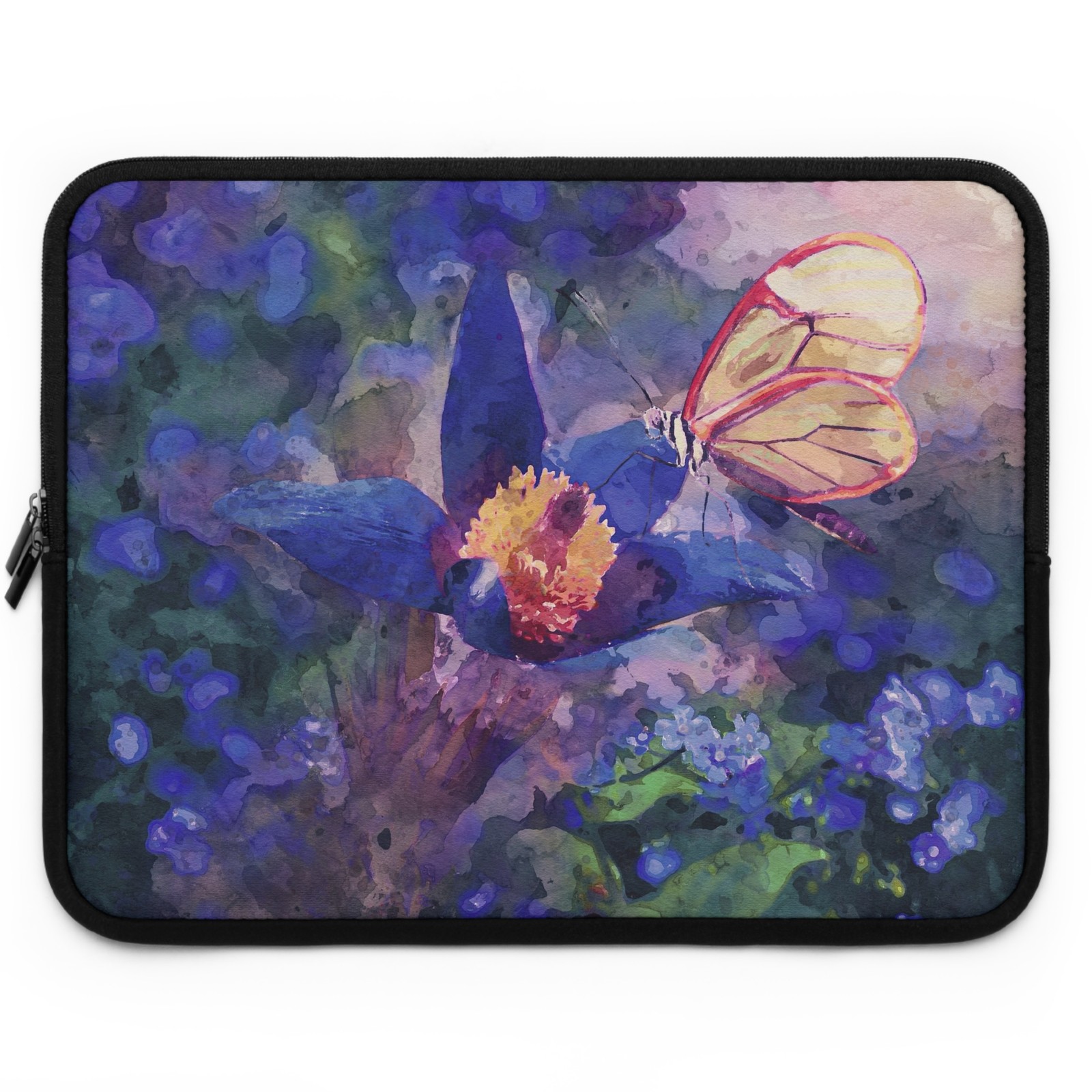 Butterfly on Blue Flower Laptop Sleeve | Watercolor Floral Nature