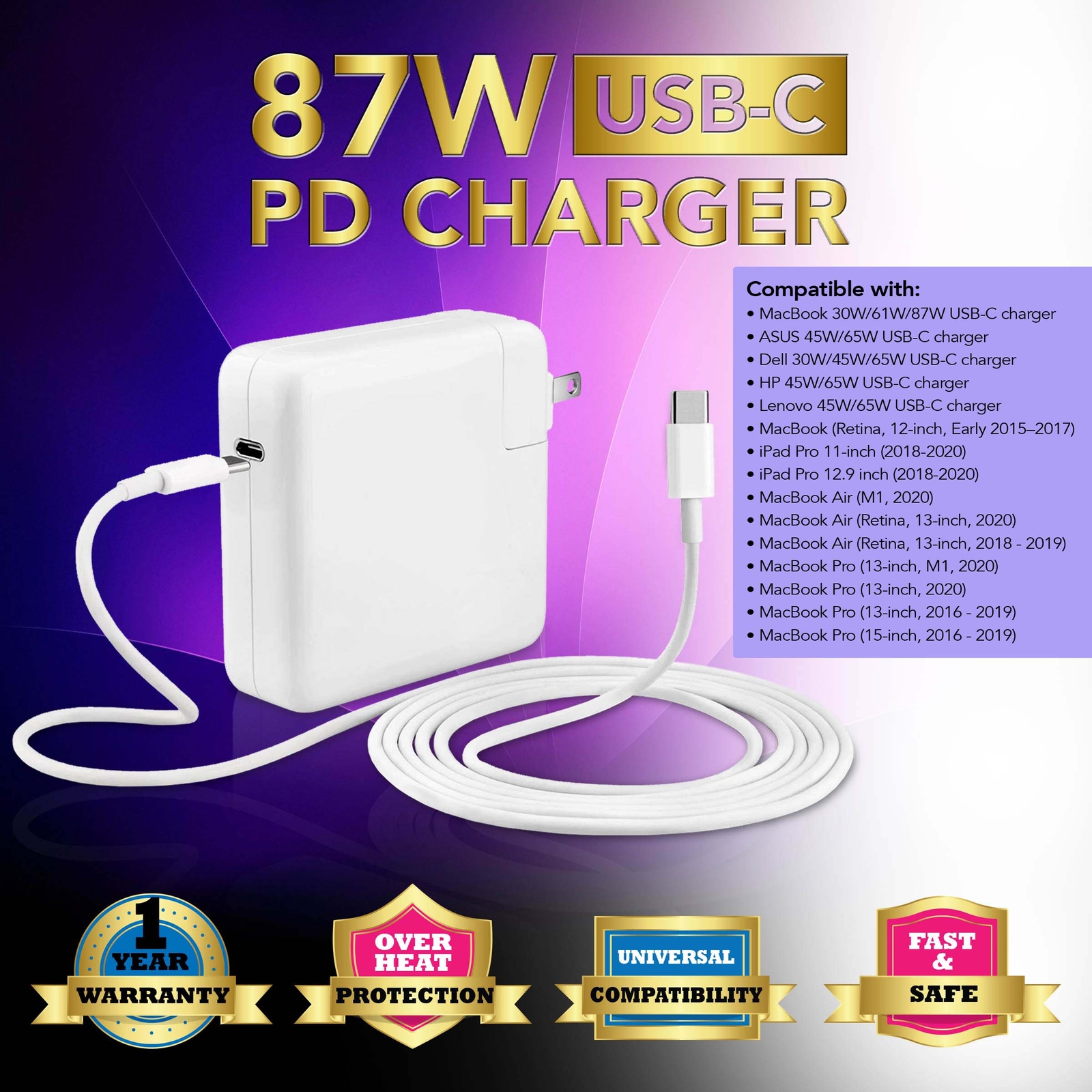 87W USB-C Power Adapter Charger for Apple Macbook Pro 15" A1707 13" A1706/A1708