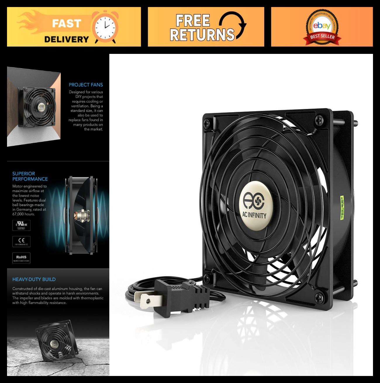 High-Speed Muffin Fan 120mm x 38mm, 115V/120V, UL-Certified for DIY Cooling & Ve