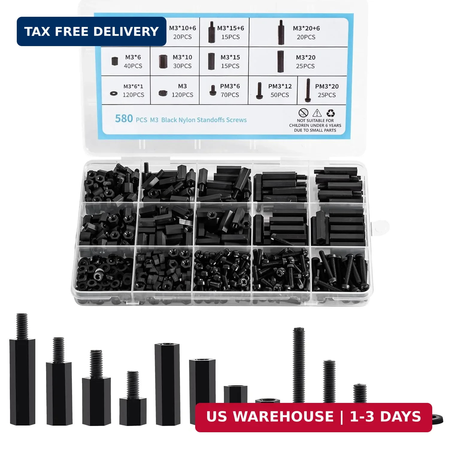 580 PCS M3 Black Nylon Standoff Kit with Spacers, Screws, and Nuts - Motherboard