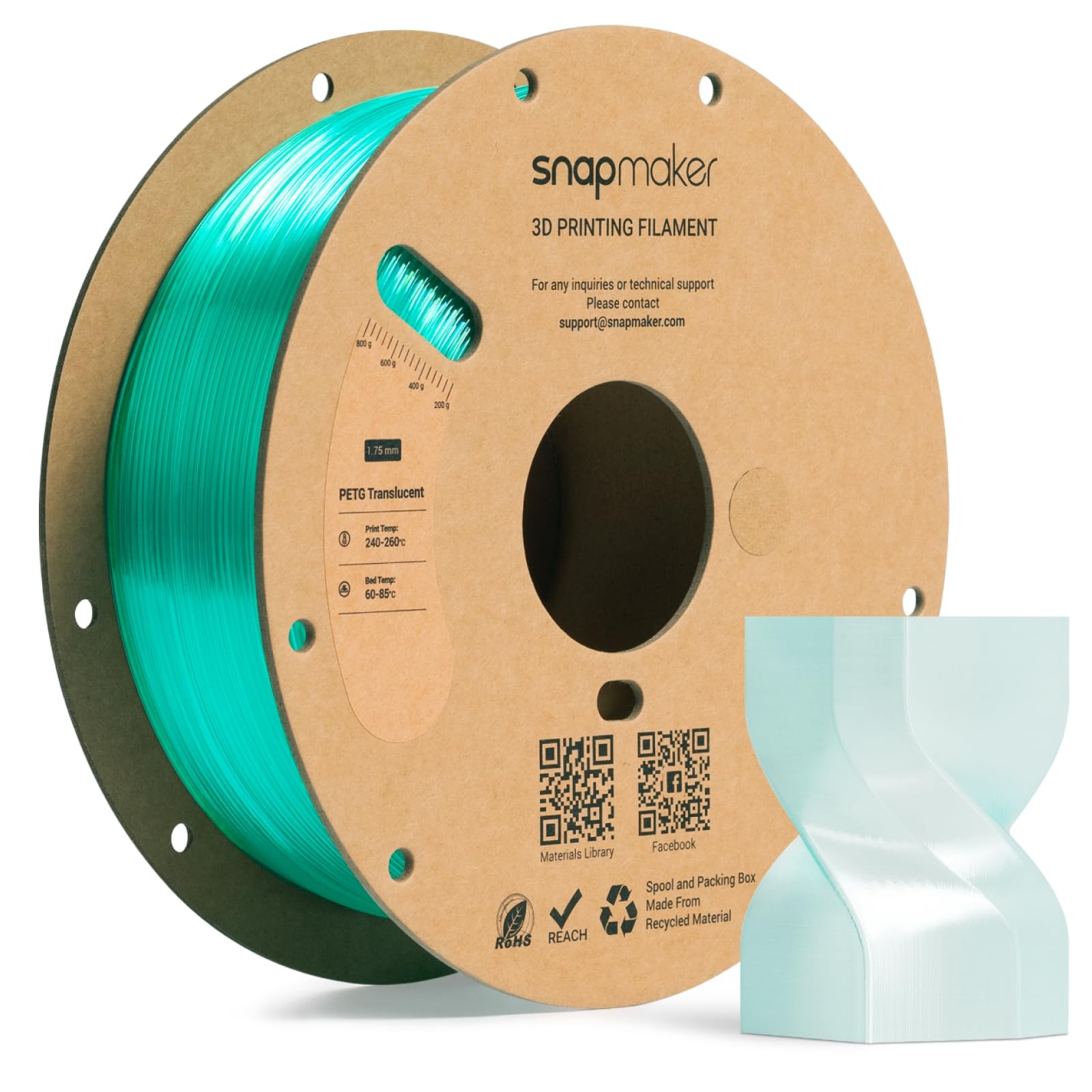 Snapmaker Teal PETG Translucent 3D Printer Filament 1 kg