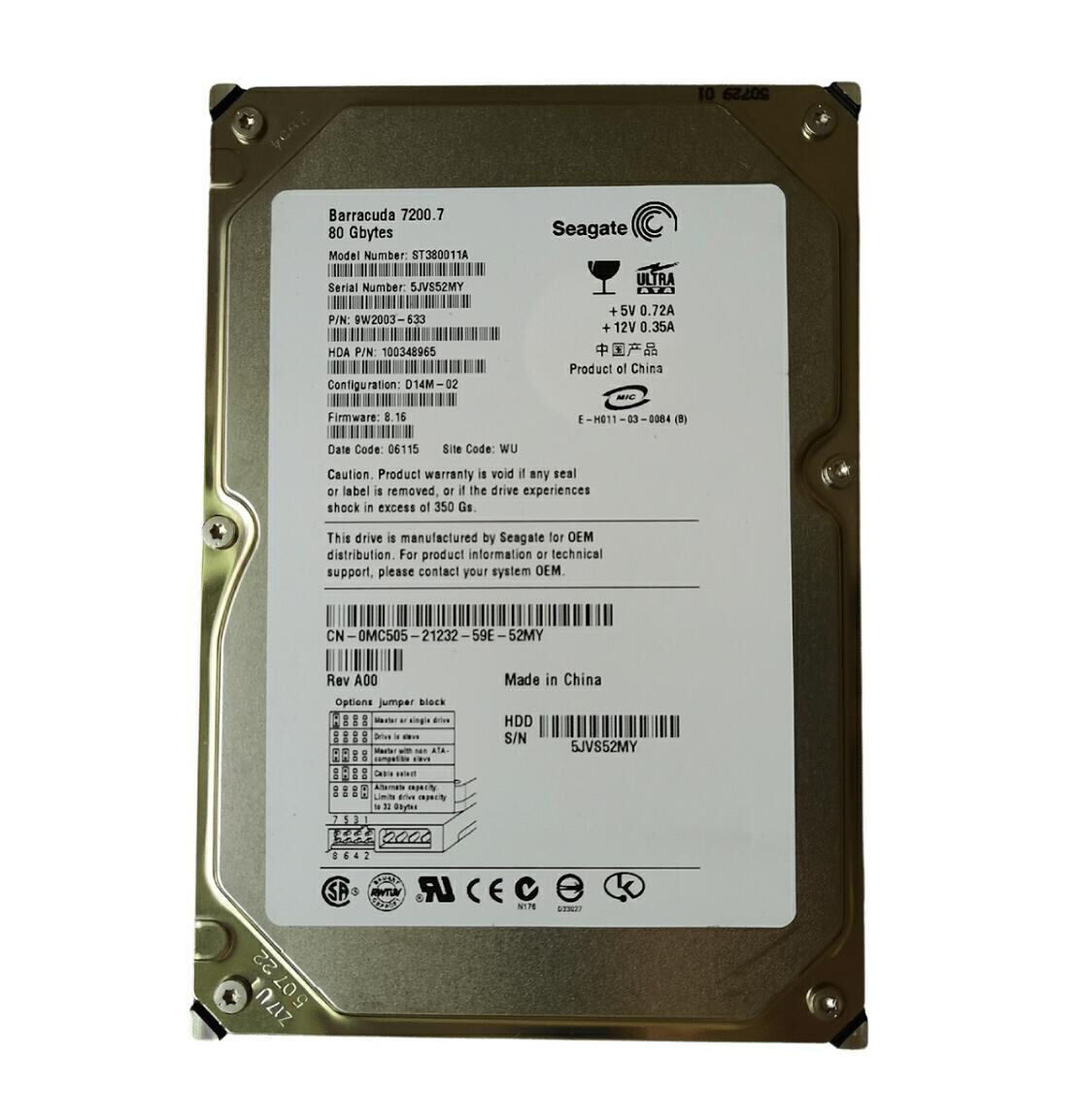 Seagate 80GB ST380011A 7200RPM PATA IDE 3.5" Desktop HDD Hard Disk Drive