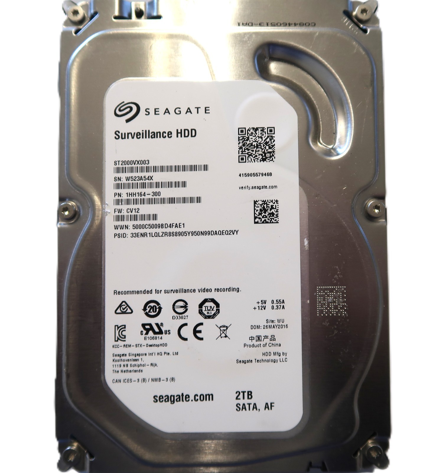 Seagate ST2000VX003 1HH164-300 CV12 WU (W523) China 3.5" 2TB Sata HDD 05/2016