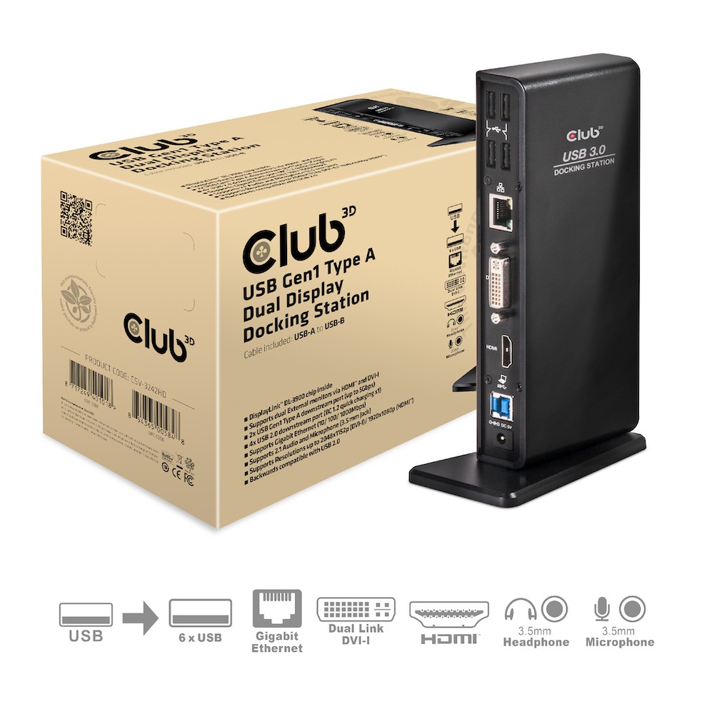 CSV-3242HD Club 3D USB 3.0 Dual Display Docking Station Black Piano Finish ~D~