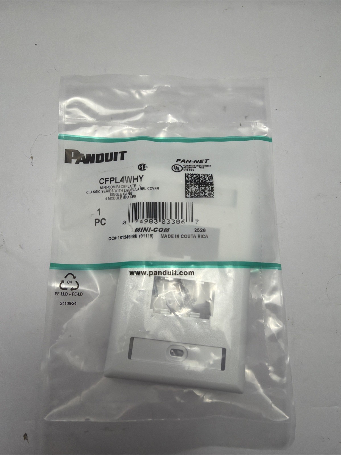 Panduit pan-net CFPL4WHY faceplate single gang 4 module spaces