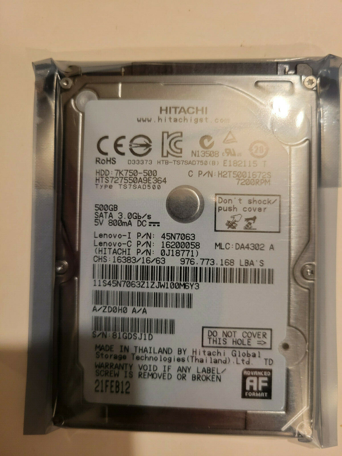 Hitachi HTS727550A9E364 MLC DA4302 A PN 0J18771 500GB 2.5" SATA HD