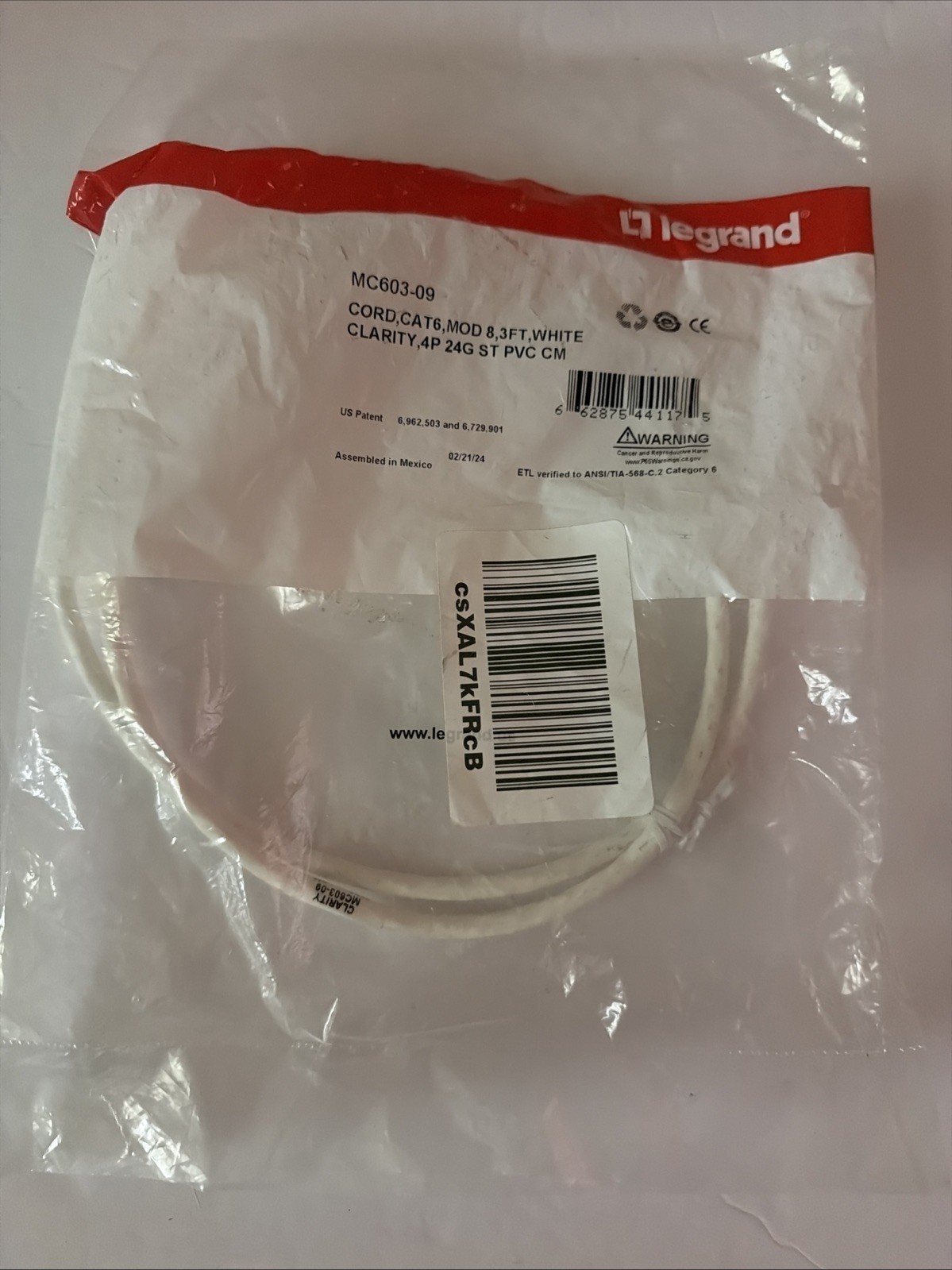 Legrand MC603-09 Cat6 RJ-45 Ethernet Patch Cable, 3 ft White Round