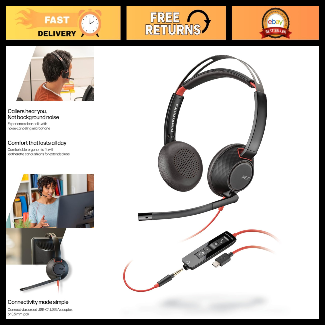 Wired Noise Cancelling Headset with Boom Mic - USB-C, USB-A, 3.5mm - Ergonomic O