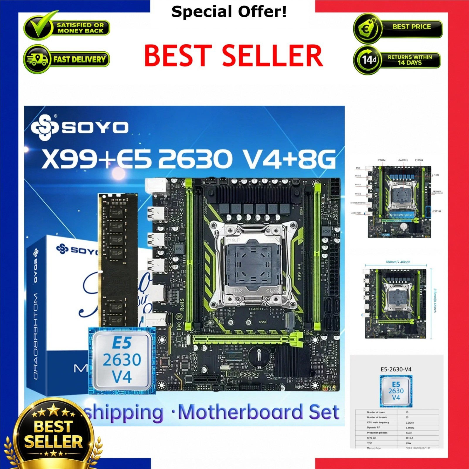 SOYO X99 LGA 2011-3 Motherboard Bundle with Xeon E5 2630 V4 CPU DDR4 8GB RAM
