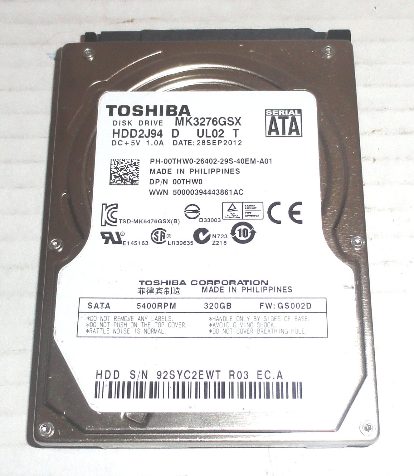Toshiba MK3276GSX HDD2J94 D UL02 T 320GB Sata Hard Drive F/W: GS002D