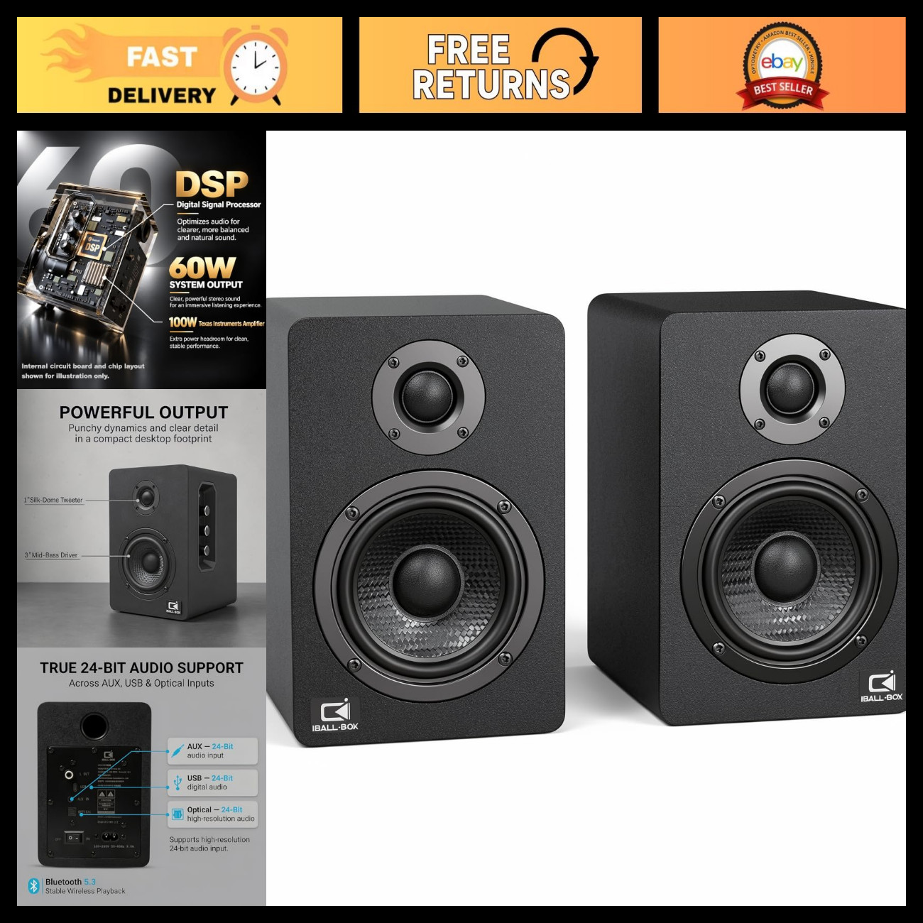 60W Bluetooth Computer Speakers for Desktop & Laptop, 2.0 Stereo, USB-C DAC, AUX
