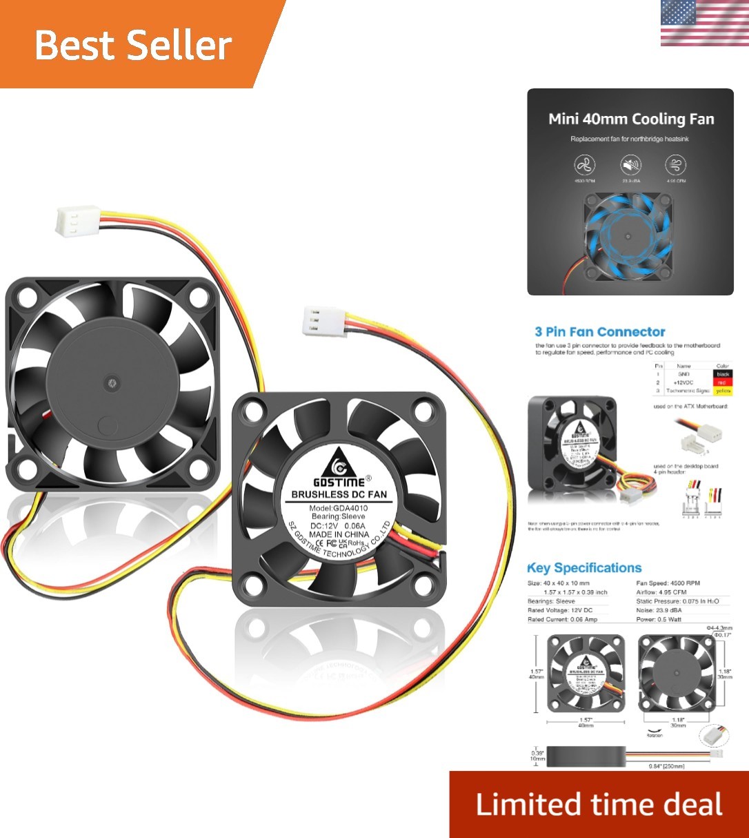 Computer CPU Cooler Fan 40mm 12V 3 Pin Mini Cooling Fan Pack of 2