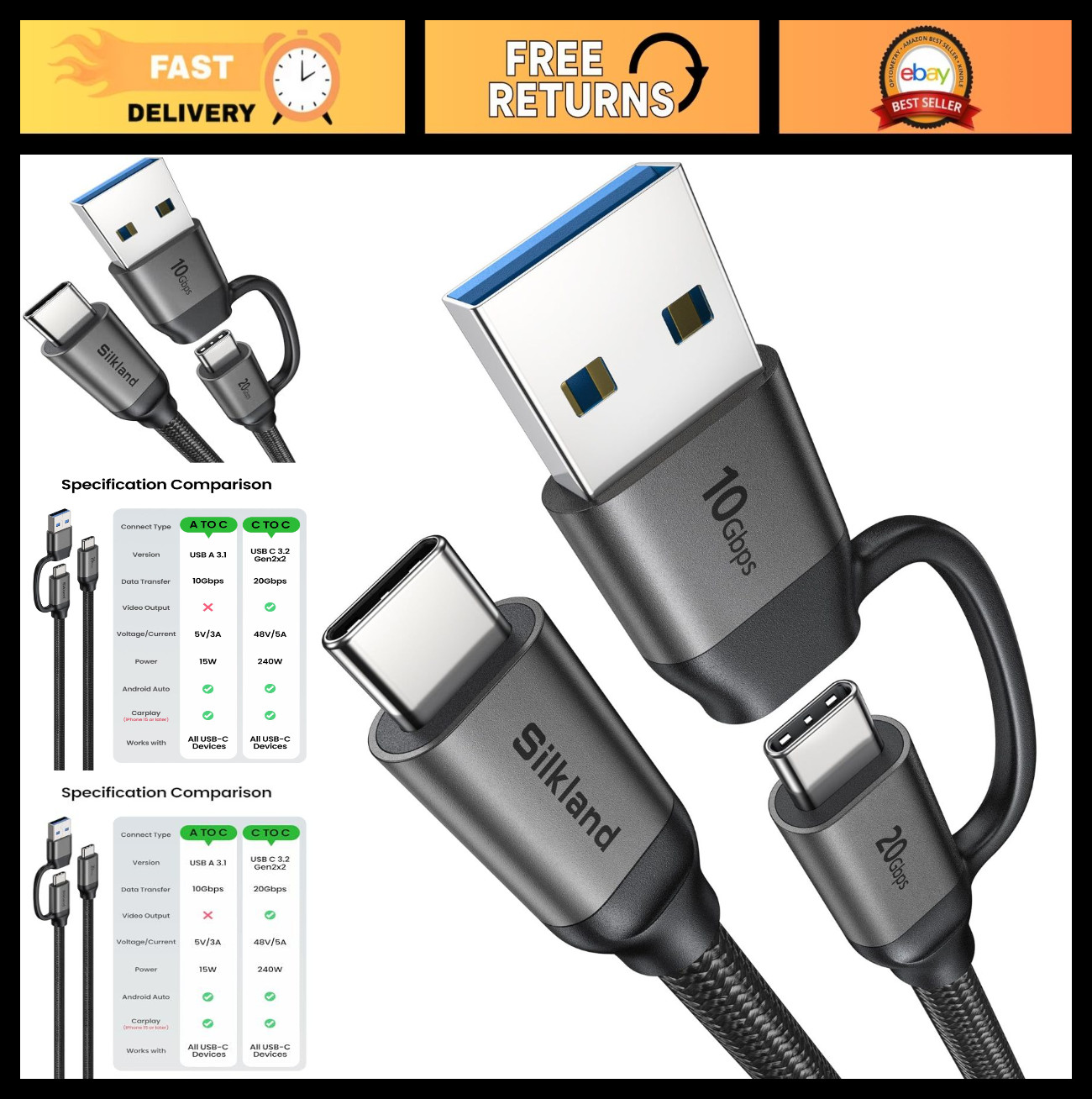 Silkland 2 in 1 USB C to USB C Monitor Cable, USB A to USB C Cable, 3.3FT