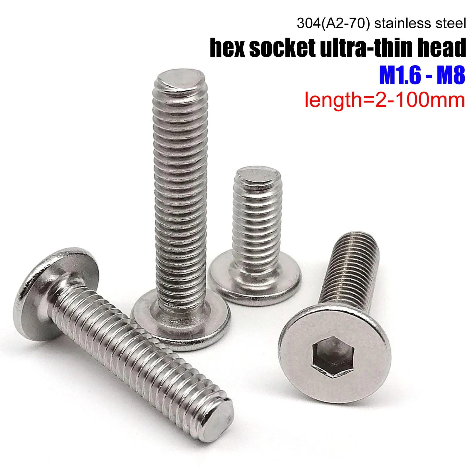 304 Stainless Steel Ultra Thin Flat Head Allen Screws M1.6-M8 5-50PCS Set