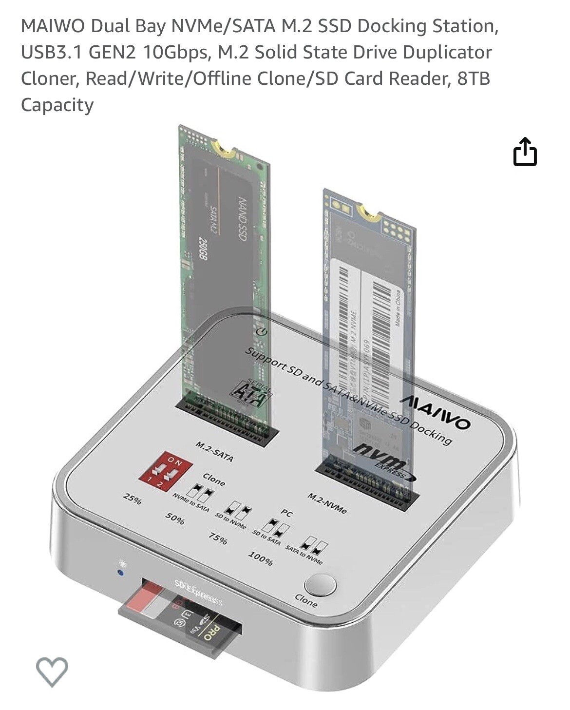 NEW Maiwo Dual Bay M.2 NVMe SATA SSD Docking Station SD Card