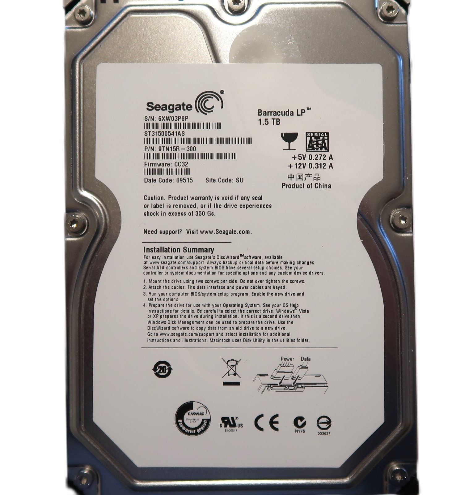 Seagate ST31500541AS 9TN15R-300 CC32 (6XW) SU China 1.5TB Sata HDD JUN/2009