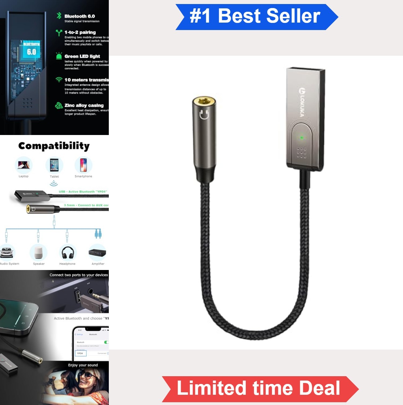 Bluetooth to Aux Adapter USB Powered 3.5mm Receiver for Car Stereo Speaker Amp