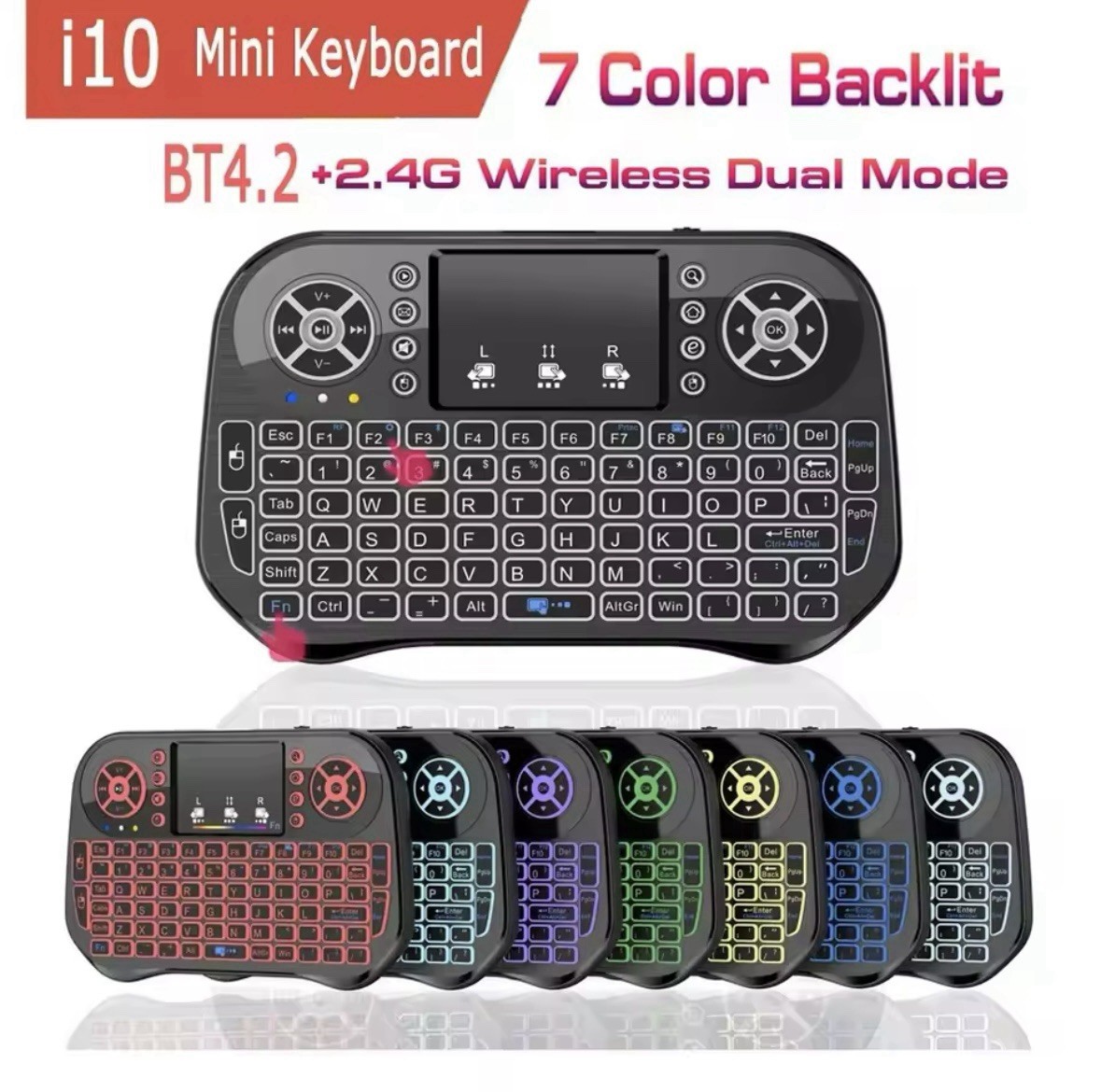 Mini Wireless i10 Keyboard and Mouse, 7 Colors Backlit Touchpad 2.4Ghz