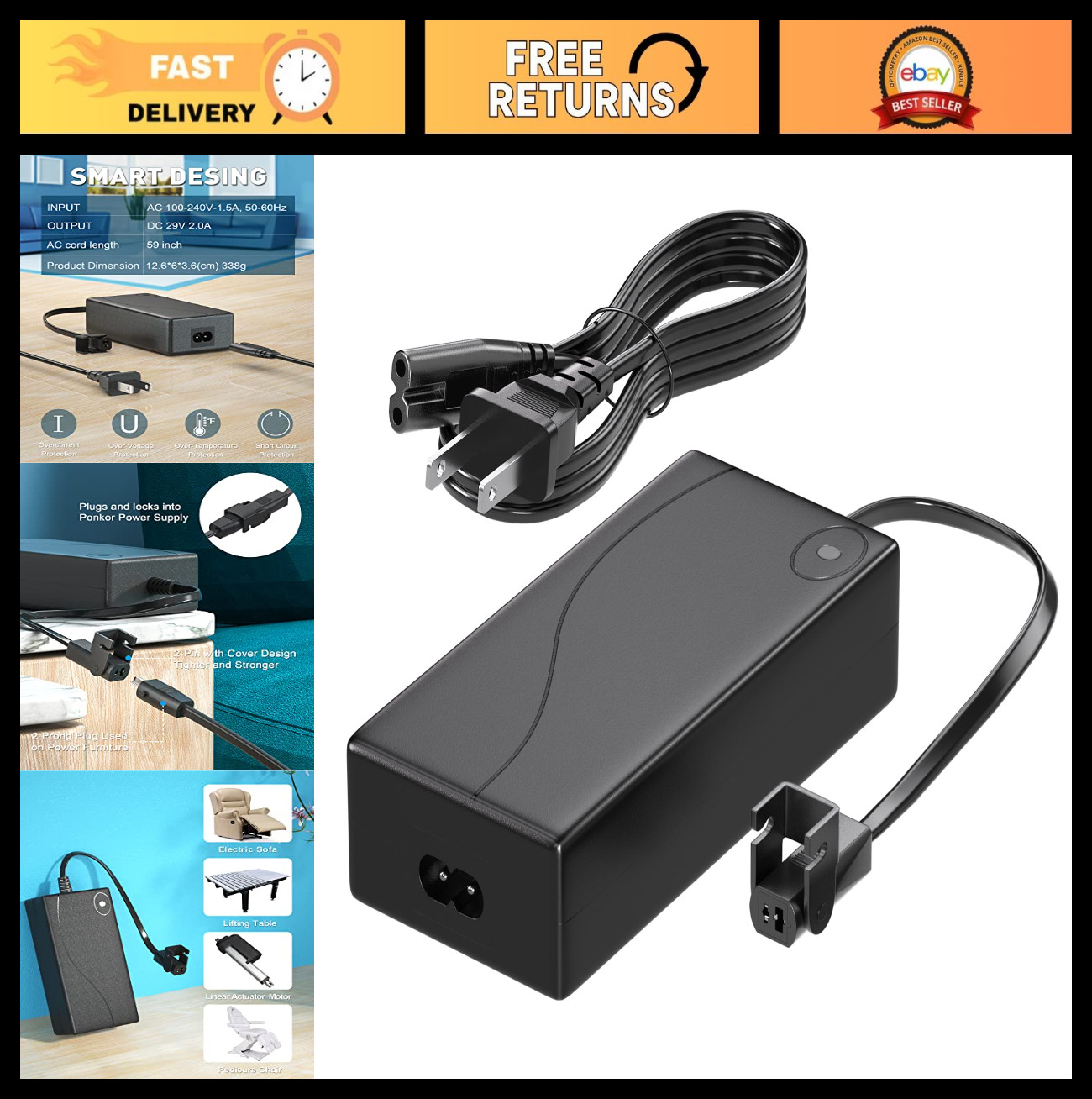 Power Recliner Power Supply Adapter 29V/24V 2A AC/DC Transformer with Cord