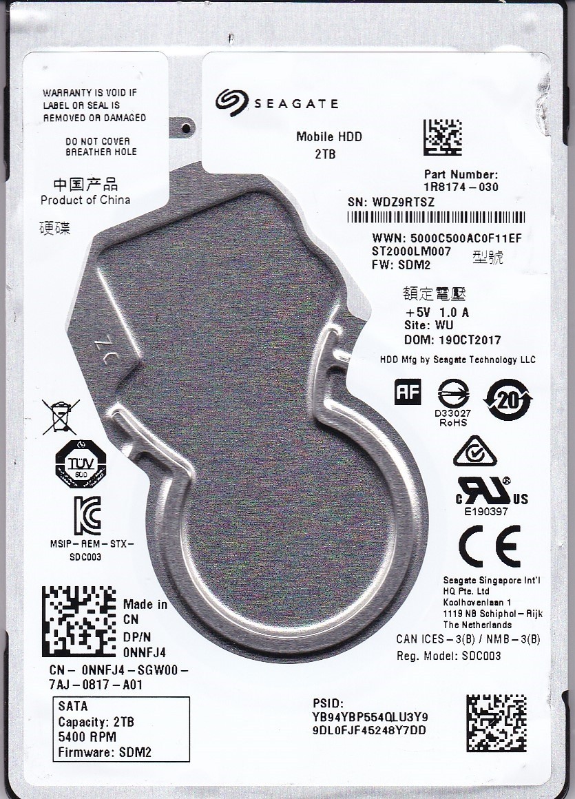 ST2000LM007 pn: 1R8174-030 fw: SDM2 sn: WDZ9 WU OCT / 2017 2TB SATA 2.5" SEAGATE
