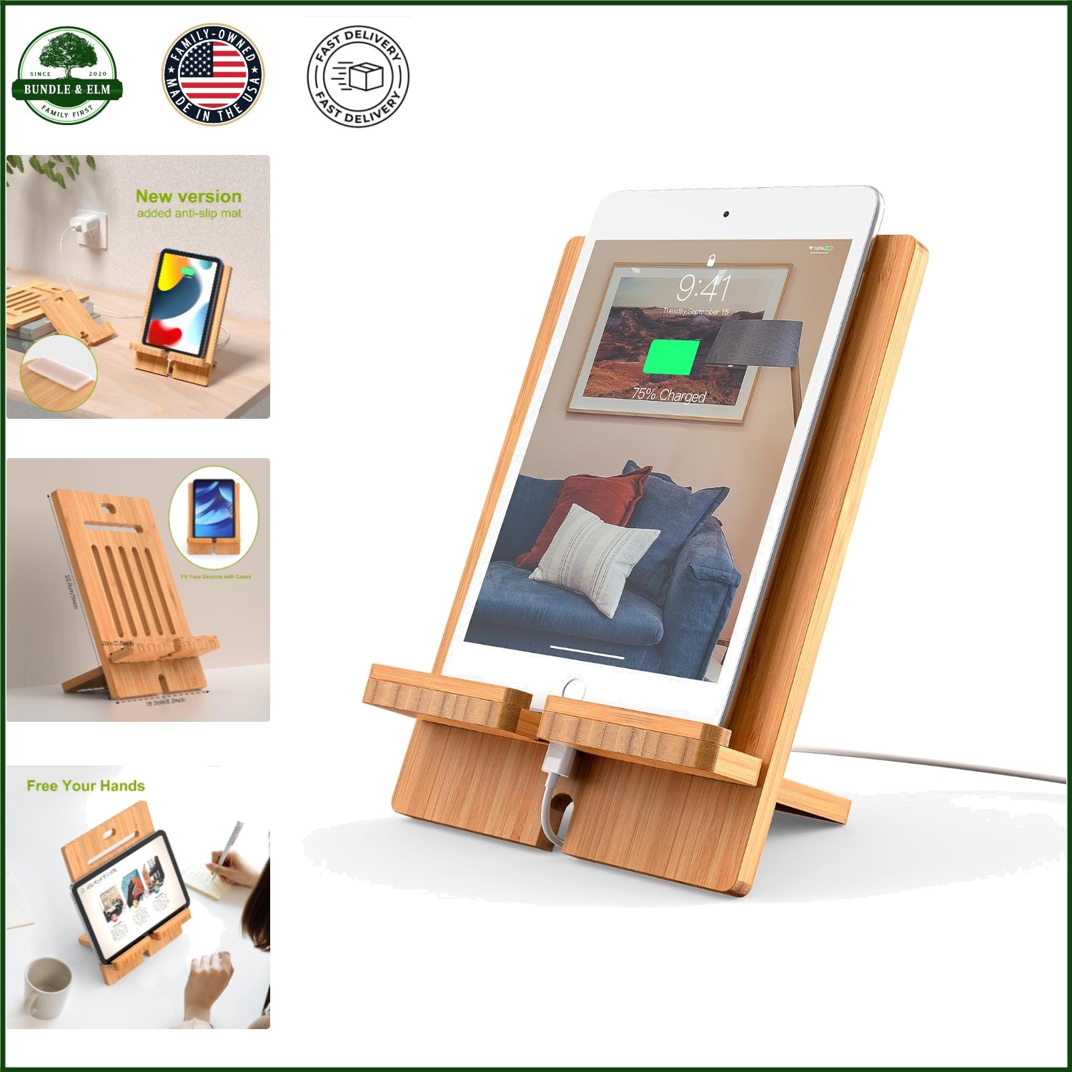 Adjustable Bamboo Tablet Stand for Tablets and Smartphones, Elegant Design
