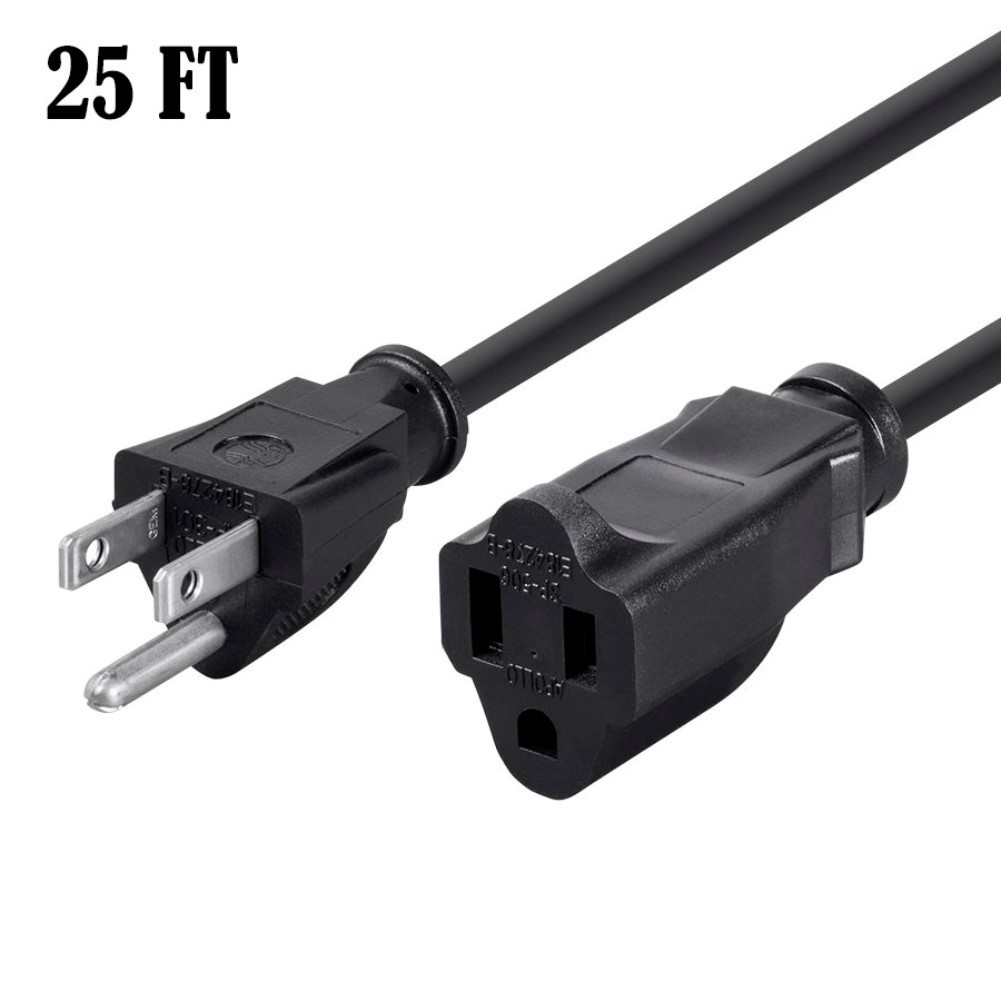 25ft Power Extension Cord Cable 3-Prong AC US Grounded NEMA 5-15P to 5-15R 16AWG