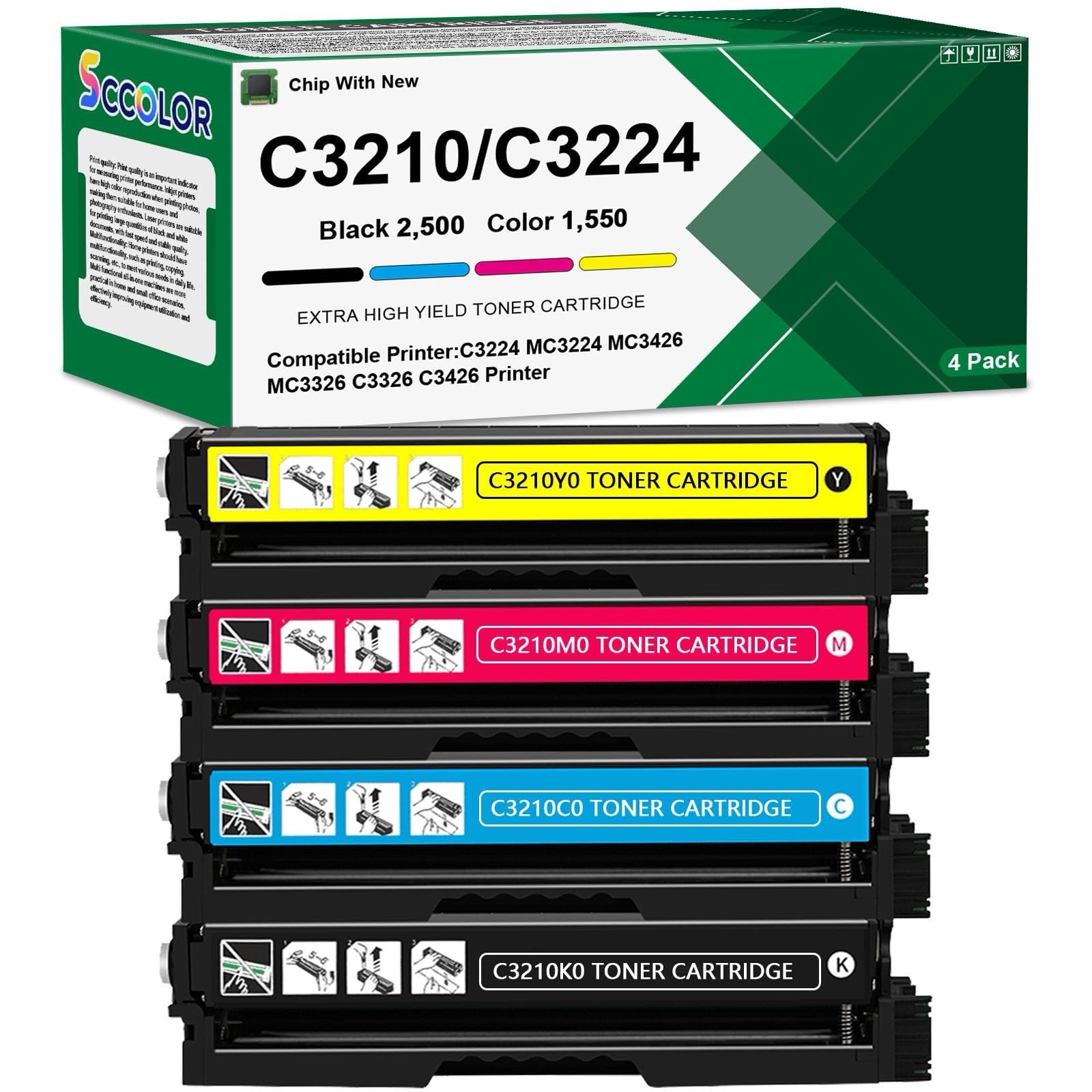 C3224 C3210 Toner Cartridges [with Chip] 4-Color CMYK Replacement for Lexmark...