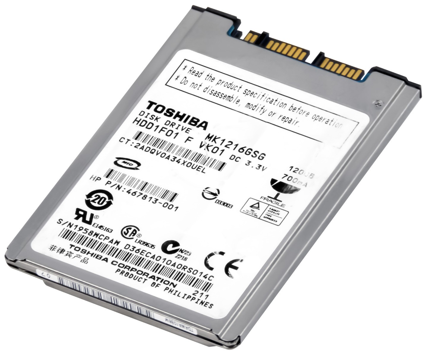 HARD DRIVE TOSHIBA MK1216GSG 120GB 5.4K 8MB microSATA 1.8''