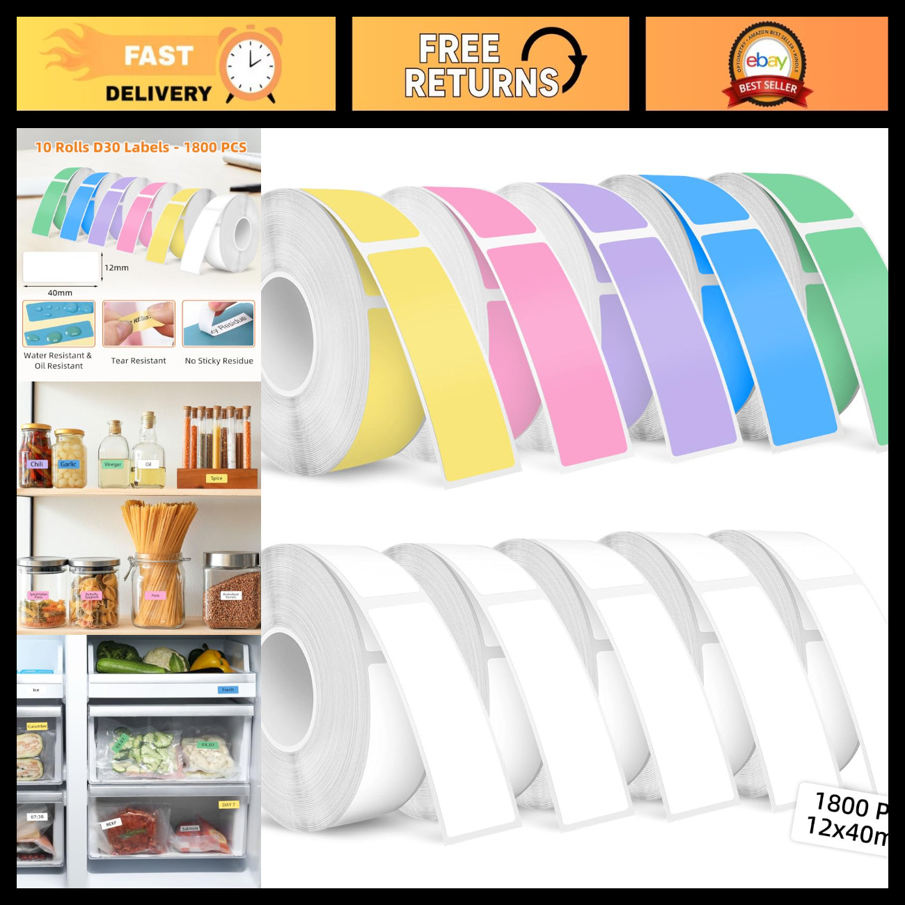 1800 PCS D30 Label Tape for Portable Thermal Printers, 12x40mm, 10 Colorful Roll