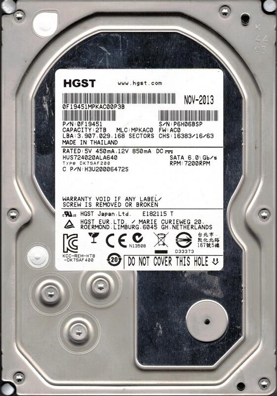HUS724020ALA640 P/N: 0F19451 MLC: MPKAC0 Thailand 2TB HGST