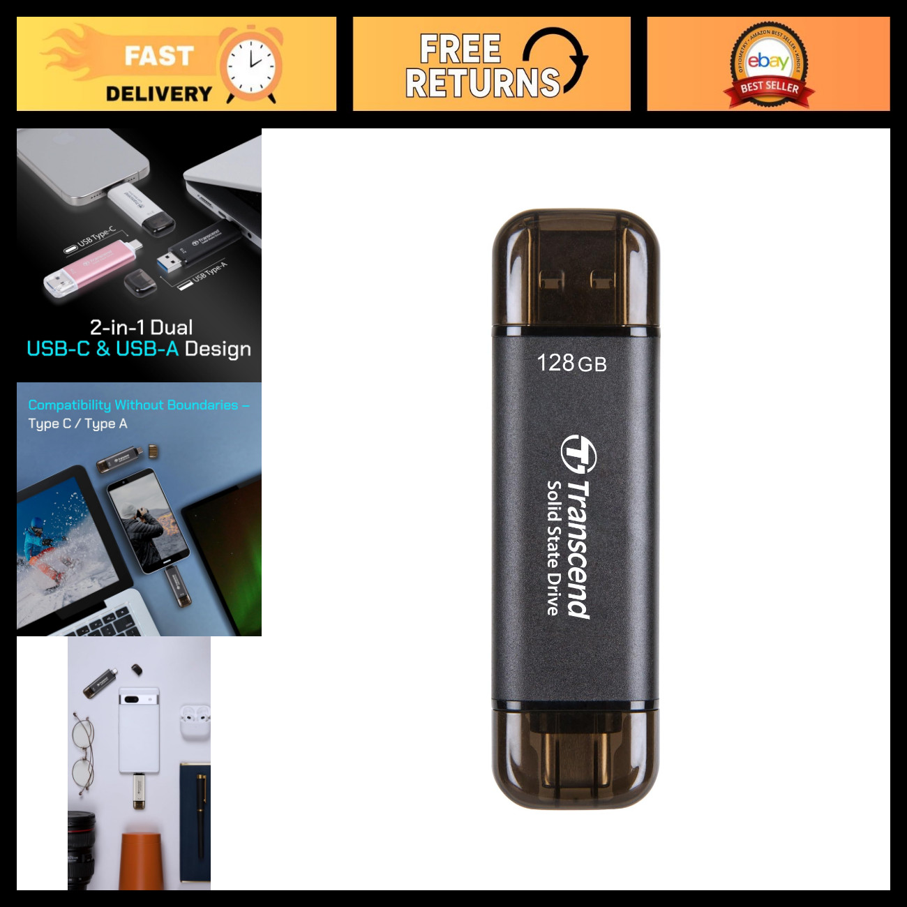 128GB Portable SSD Dual USB-A+C, 1050MB/s High-Speed External Storage Drive