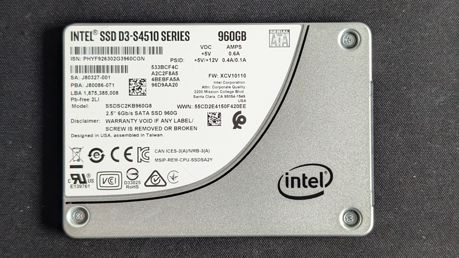 Intel SSDSC2KB960G8 D3-S4510 Series 960 GB 2.5" SSD