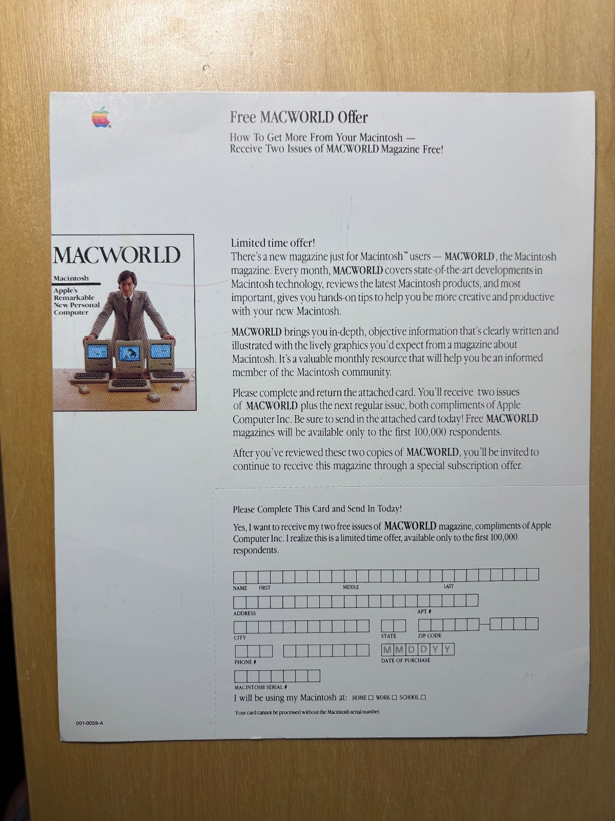 RARE 1984 STEVE JOBS Macintosh 128K MACWORLD Card Offer Sheet Mac M0001 UNUSED