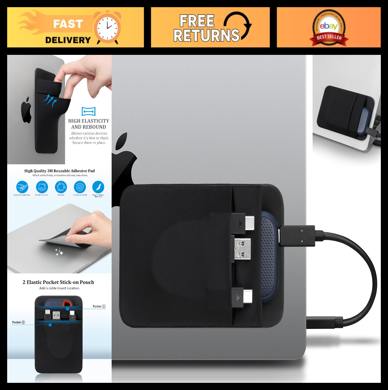 Portable Hard Drive Sleeve for Laptop - 2-Pocket Adhesive Pouch, SSD Organizer,