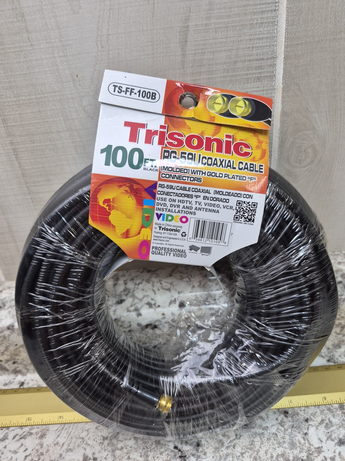 Trisonic 100ft RG-59U Coaxial Cable Black Gold Plated F-Type Connectors