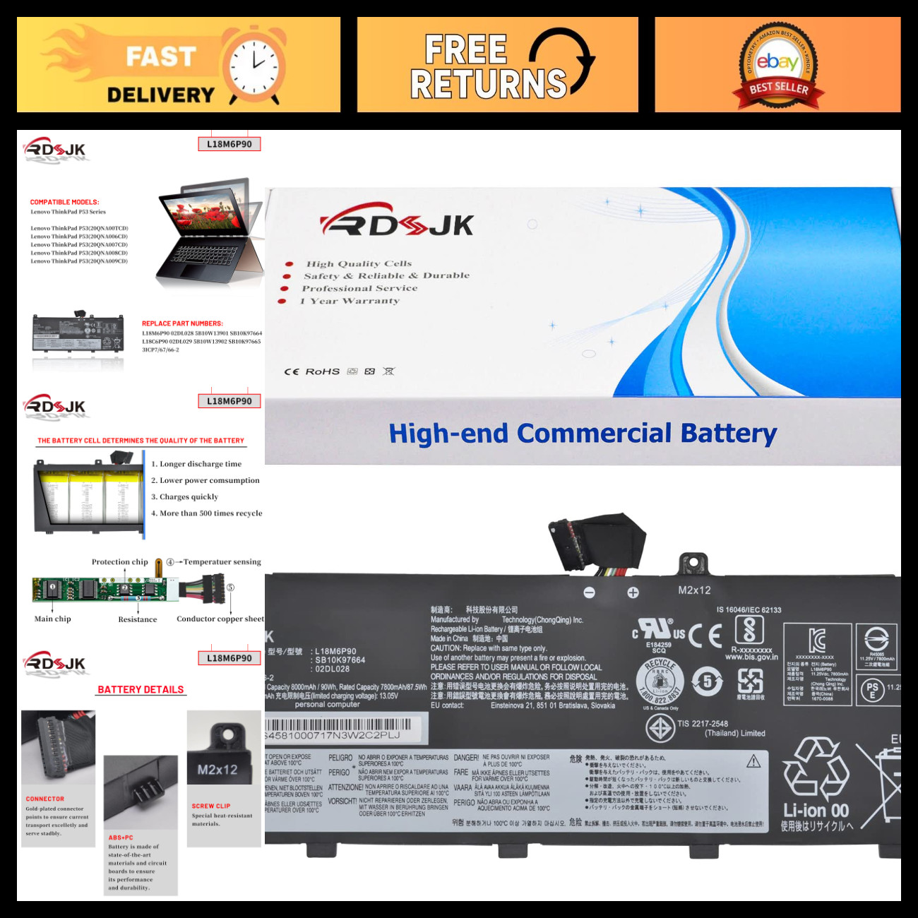High-Capacity Laptop Battery 90Wh 8000mAh for Lenovo ThinkPad P53 Series 11.25V