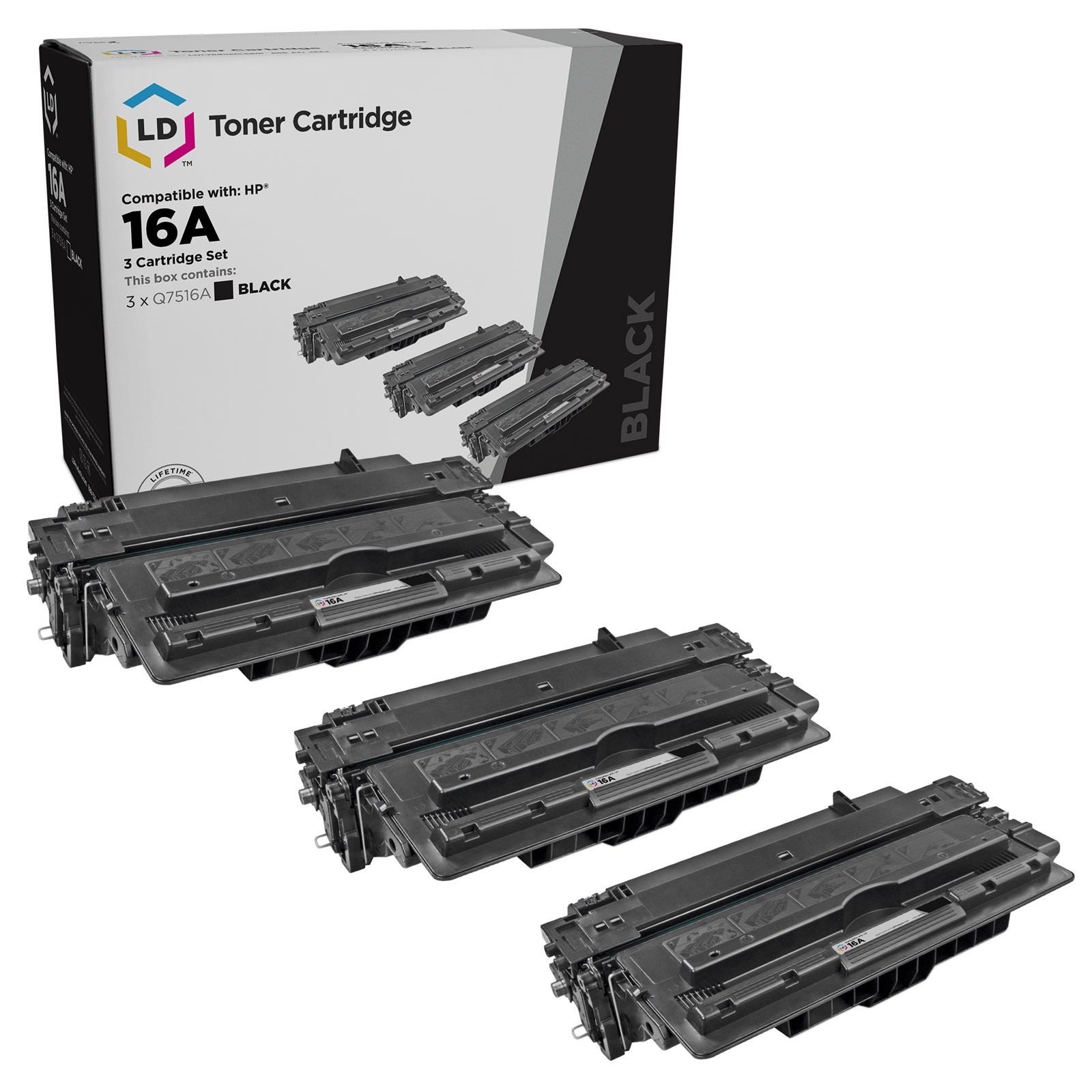LD 3PK Reman Q7516A Black Toner Cartridge for HP 16A LaserJet 5200 5200dtn 5200t