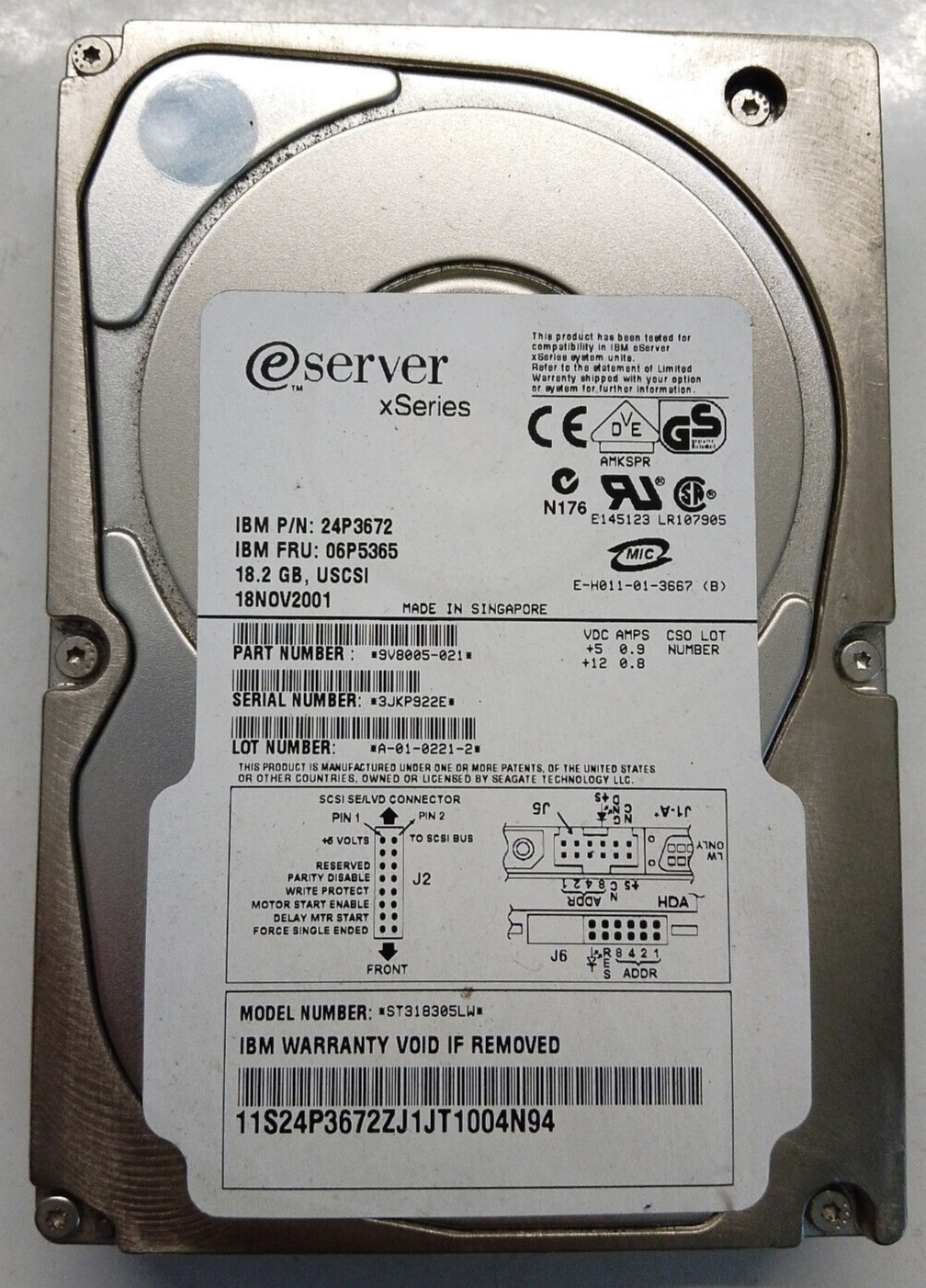 IBM 06P5365 24P3672 ST318305LW 18.2GB 10K 8MB USCSI U160 3.5'' Eserver Xseries