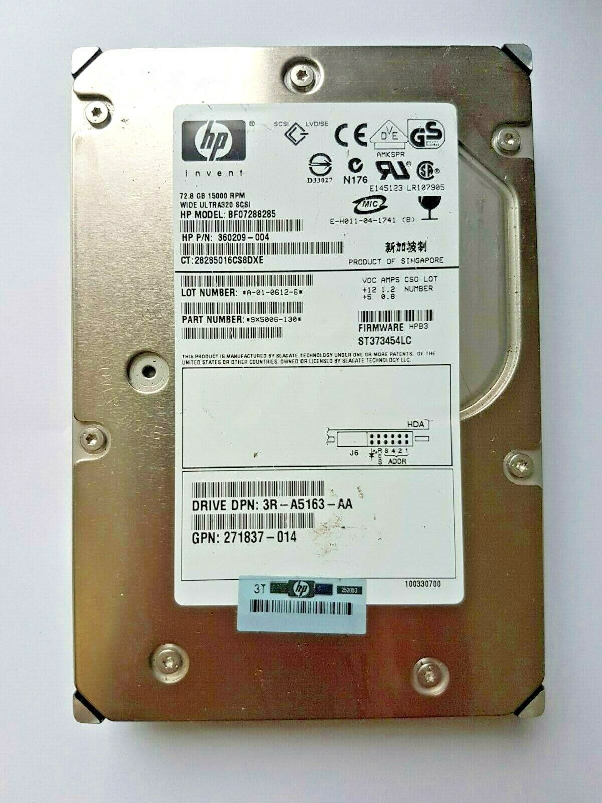 72.8GB HP BF07288285 / ST373454LC Wide Ultra320 SCSI 80-Pin 15K 3.5" Hard Drive