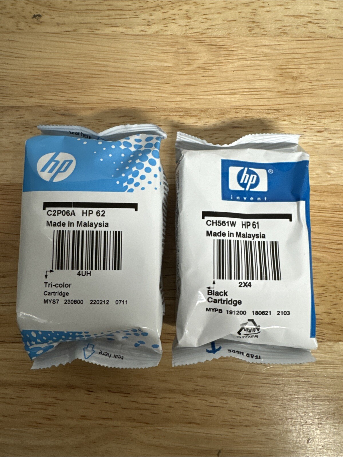 New HP 61 Black & 62 Tri-Color Ink Jet Cartridges 2 Pack New No Retail Package