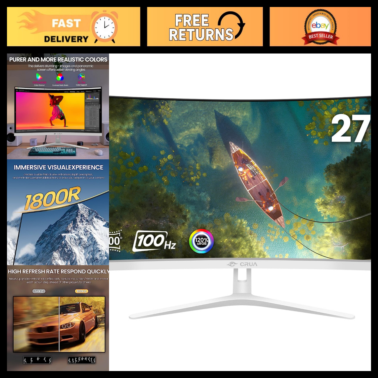 27" FHD Curved Computer Monitor 100Hz, 1800R VA, Frameless Design, White Finish