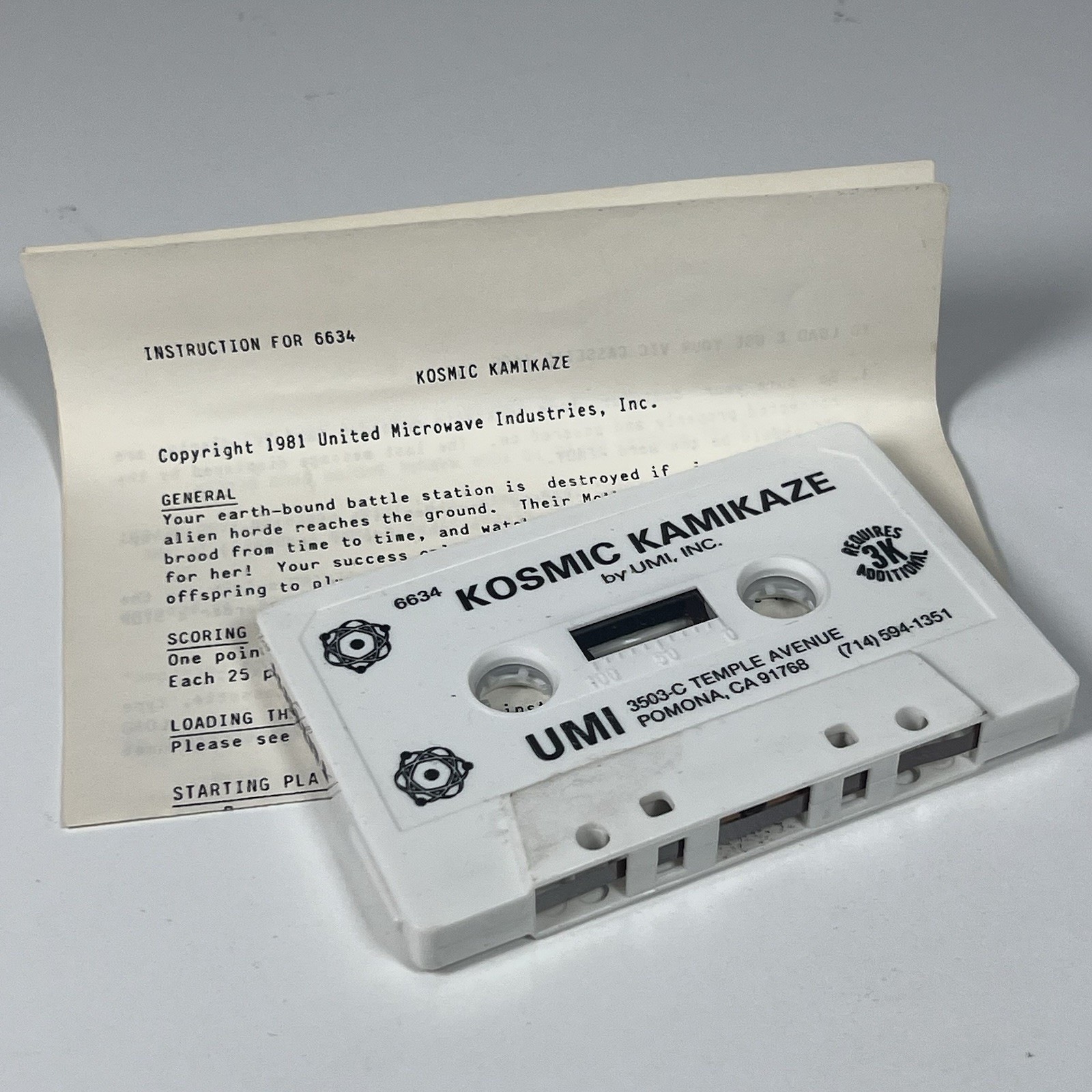 Kosmic Kamikaze UMI 6634 Commodore VIC-20 Cassette w/ Instructions 1981 Rare