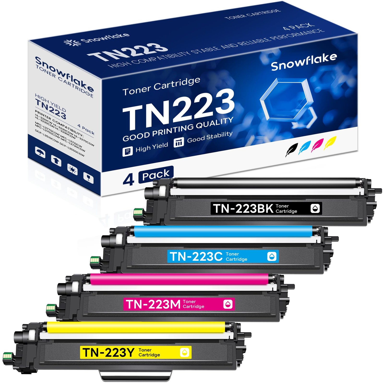 TN-223 TN223 BK/C/M/Y Toner Cartridge 4 Pack Compatible TN223 Black Cyan Magenta