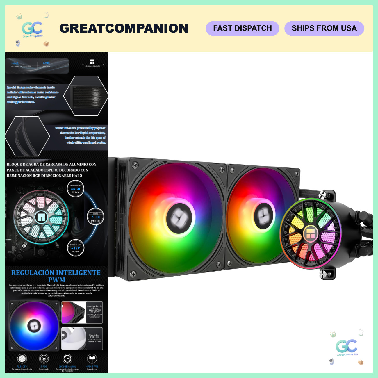 240mm ARGB Liquid CPU Cooler, 2x120mm Radiator, AMD AM4/AM5, Intel LGA115X/1700