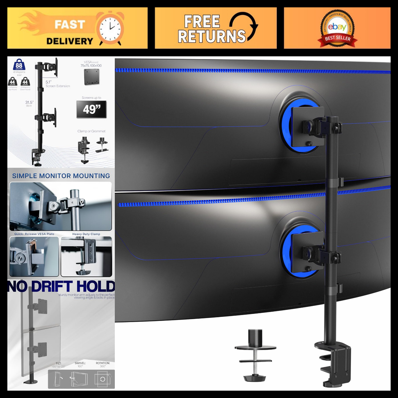 Dual Ultra-Wide Monitor Desk Mount for 49" Screens, Heavy Duty Adjustable Stand,