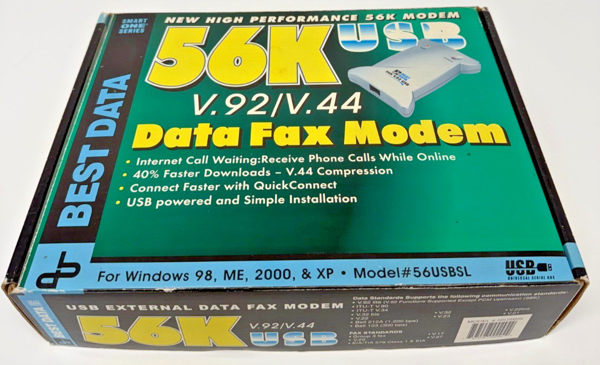 Vintage Best Data 56K USB V.92 V.44 External Data Fax Modem 56USBSL Win 98 XP