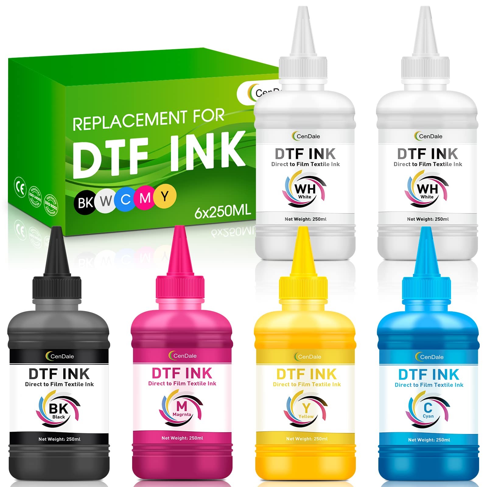 CenDale Premium DTF Ink 1500ML - 250ML X 6 ( 2 WH,CMYK ), 2 White,CMYK