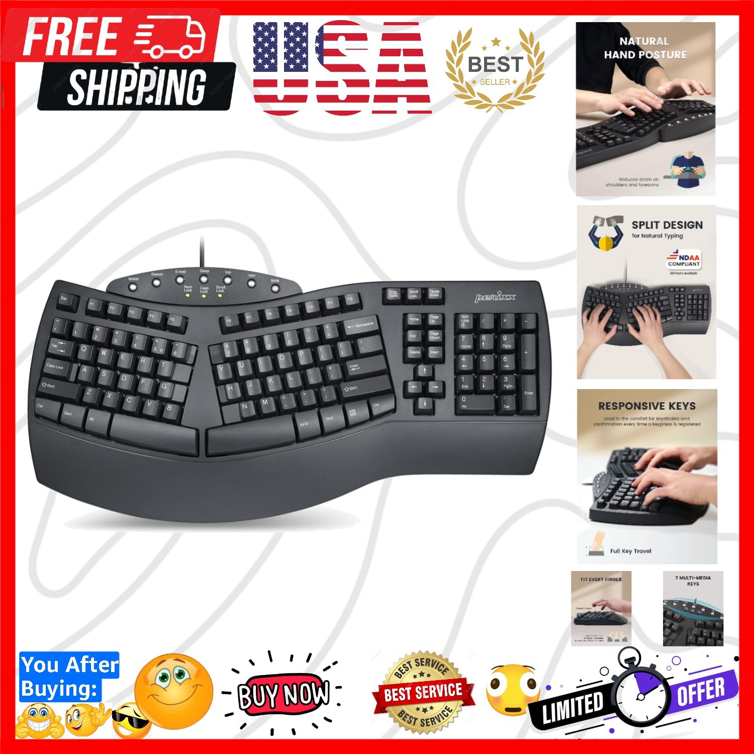 PERIBOARD-512B Wired Ergonomic Keyboard - Split Keyboard, Wrist Rest, Natural...