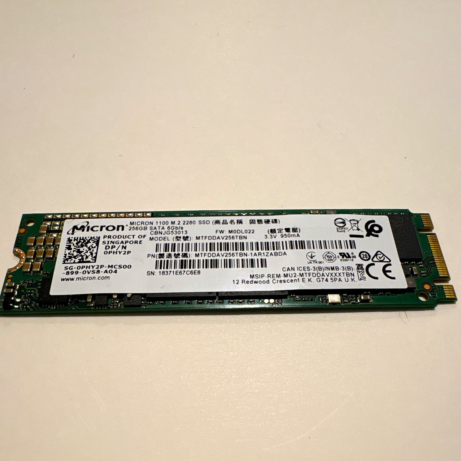 Micron 1100 256GB M.2 2280 SATA Internal SSD MTFDDAV256TBN 0PHY2P