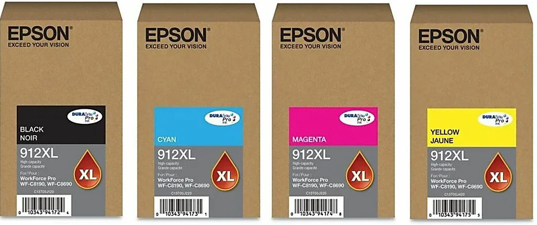 Set of 4 Genuine Factory Sealed Epson 912XL Hi Yld Inkjet Cartridges 2024-2025